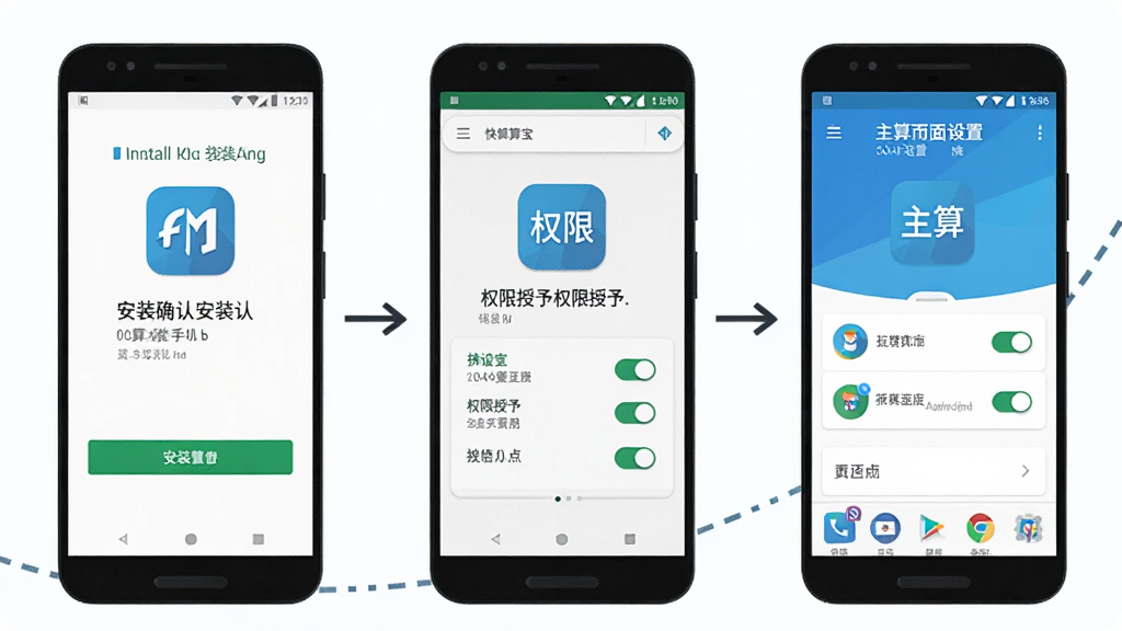 一张展示快算宝软件在安卓手机上安装与权限设置流程的示意图,主体为手机屏幕依次展示安装确认、权限授予、主界面三个步骤,布局为横向三格流程排版,风格为清爽扁平化教程风,细节包含安装按钮、权限开关、软件图标,画质清晰、干净、无多余元素