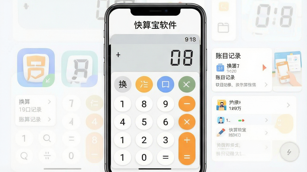 一张展示快算宝软件主界面的手机应用截图,画面中央是简洁的计算器面板与功能图标矩阵,主体为手机屏幕正面展示,布局采用居中构图,排版上方为软件名称“快算宝软件”字样,风格为清爽扁平化UI设计,细节包含数字按键、换算入口、账目记录卡片等元素,画质清晰、干净、无多余元素