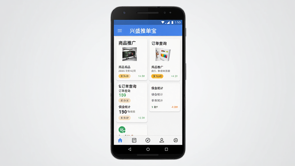手机应用界面展示图,画面中央一部安卓手机屏幕显示兴盛推单宝软件主页,页面布局为顶部标题栏、中部功能卡片区、底部导航栏,卡片包含商品推广、订单查询、佣金统计等模块,背景为浅灰渐变,整体风格简洁商务,细节清晰,画质干净,无多余元素