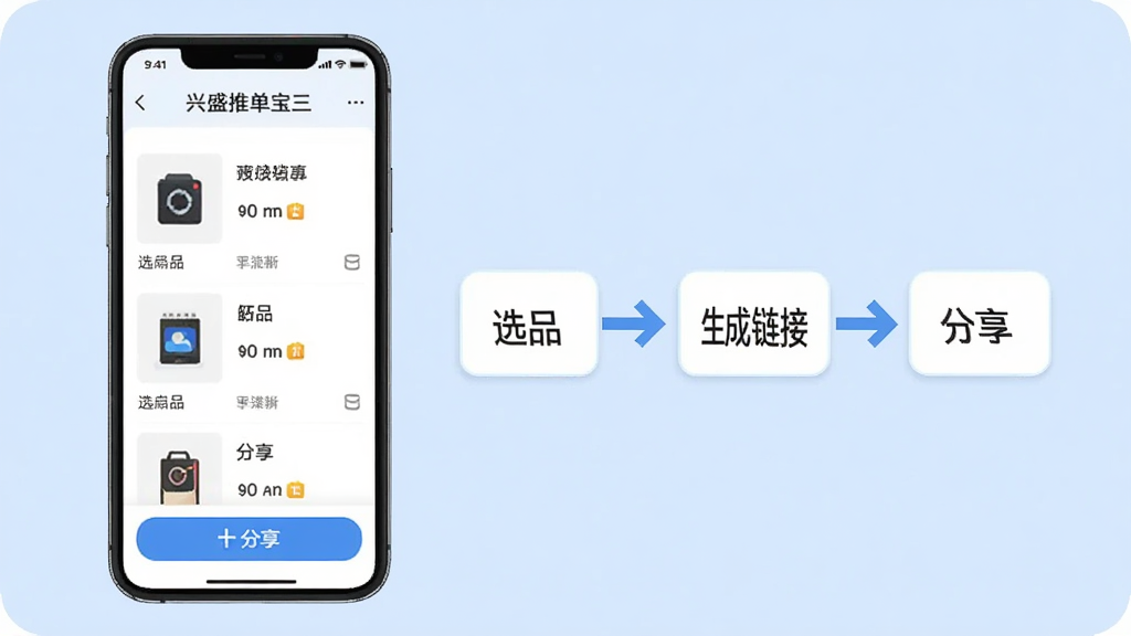 手机屏幕展示兴盛推单宝推单流程界面,画面中一部手机显示商品列表与分享按钮,旁边配以简洁的流程箭头示意选品、生成链接、分享三步操作,背景为浅蓝色调,布局清晰,风格扁平化,细节干净,画质清晰