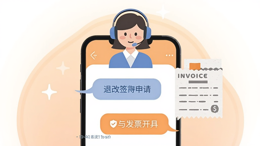��������Ϊһ���ֻ�����Ļ��ʾ�ͷ��Ի����棬�����а����˸�ǩ�����뷢Ʊ����ѡ��ֻ��Ϸ�Ư��һ���������Ŀͷ���Ա����ͼ�꣬�Ҳ�Ư��һ�ŷ�Ʊ����ͼ�꣬����Ϊǳ��ɫ����ɫ����ͽ��䣬��������Ѻ��׺͵ı�ƽ�廭���ϸ�ڰ���Բ�ǶԻ����ݡ����������뵥����������������������ɾ����޶���Ԫ��