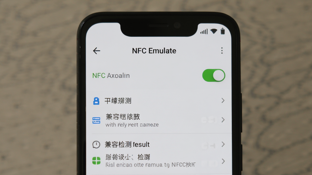 ������һ����׿�ֻ���ʾNFC Emulate������ҳ�棬����Ϊ�ֻ���Ļ��д���У��Ű�Ϊ���½ṹ�����Ϊ��ˬ���߽��棬ϸ�ڰ���NFC����״̬��Ȩ���б��������Լ�������֣����������ɾ��޶���Ԫ��