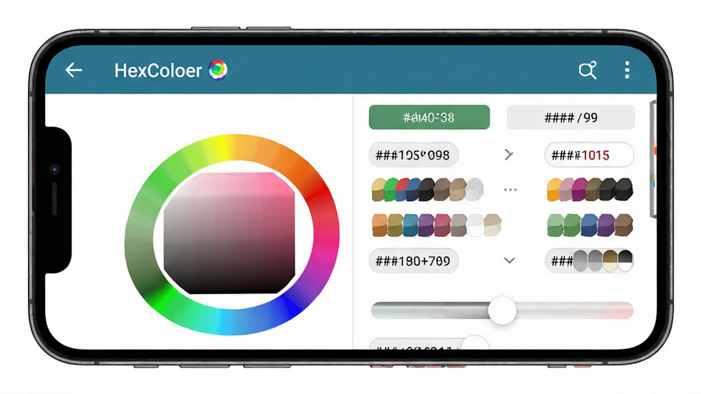 �ֻ���Ļ����չʾHexColorӦ�ý��棬��������Ϊɫ��ȡɫ�����ߣ����������ΪͼƬȡɫ�����Ҳ�Ϊɫֵ�б����Ű�������½ṹ�Ϸ������·����ܰ�ť�����Ϊ�ִ���ƽ��UI��ƣ�ϸ�ڰ���ʮ������ɫֵ������ʾ��ɫ��Ԥ������ɫ���飬���������ɾ��޶���Ԫ��