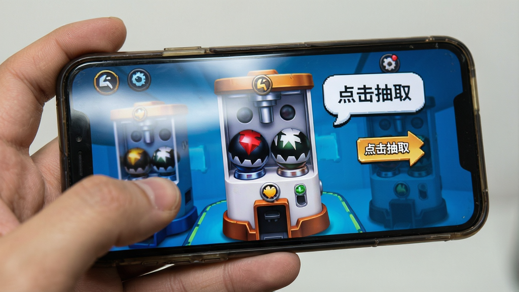 一张展示元气骑士扭蛋机在手机上运行的图片,画面中一只手拿着手机,手机屏幕上显示扭蛋机主界面,旁边有提示气泡写着“点击抽取”,布局为手持特写构图,风格为生活化写实风格,细节包括手机边框、手指动作、屏幕反光,画质清晰,干净,无多余元素