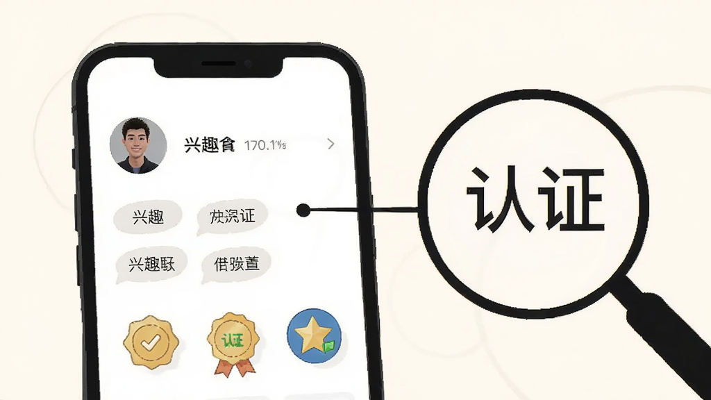 画面展示一个手机资料页面,页面上有用户头像、兴趣标签和认证徽章图标,旁边用线条连接放大展示