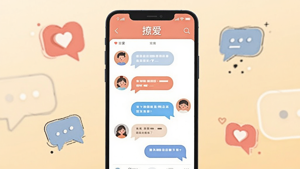 画面中央放置一部竖屏智能手机,手机屏幕上显示社交聊天应用界面,界面顶部有