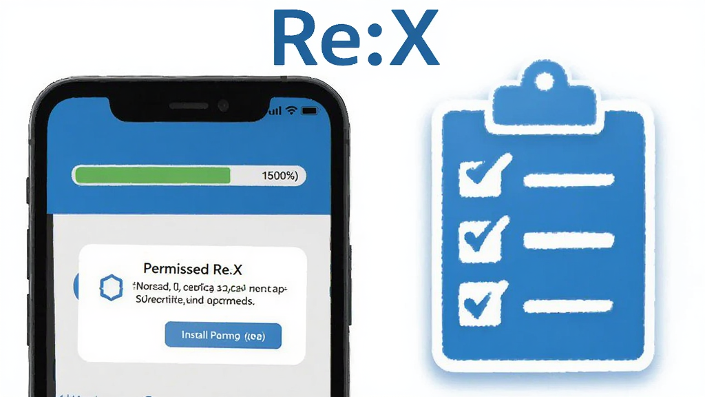 һ�ű���Re:X��װ���Ŵ�������ʾ��ͼ������Ϊ�ֻ���Ļ��ʾ��װ��������Ȩ����ʾ�������Ա����м��ļ���嵥ͼ�꣬�������ơ�Re:X��λ�ڻ��涥�����������ʵ�ã���ɫ������Ϊ�������ʸɾ����޶���Ԫ��