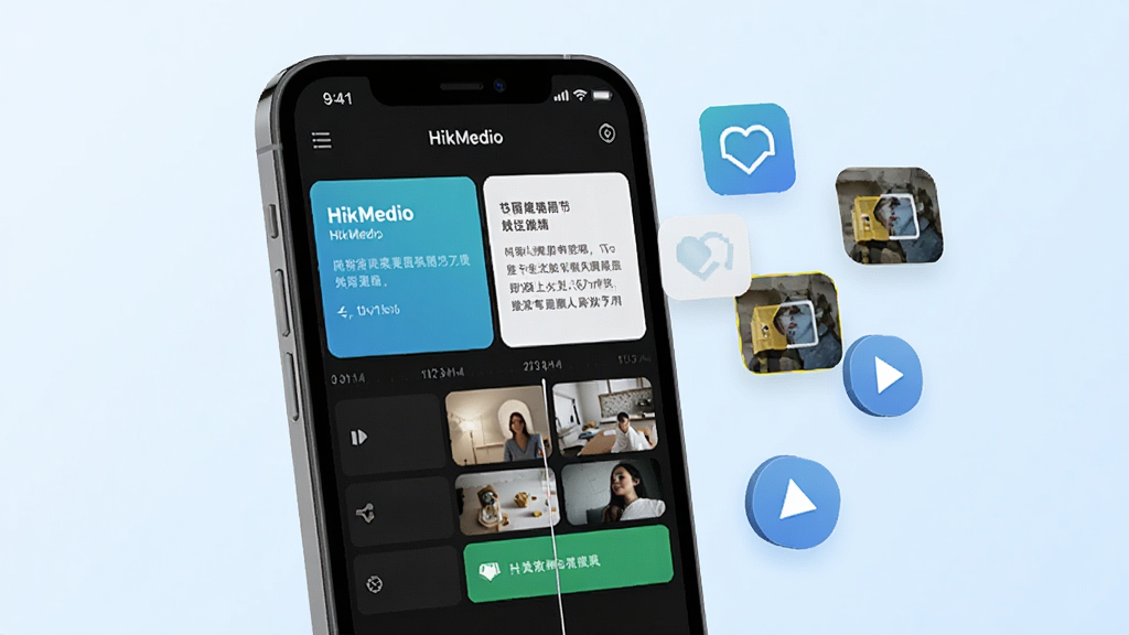һ���ֻ���Ļ��չʾHikMedio��Ŀ�༭���棬�����������ֿ���ͼƬ�ز�������ʱ�����ϣ��ֻ��Ա�Ư���ż����ز�ͼ���벥�Ű�ť������Ϊǳɫ���䣬�����ˬ�ִ�����ͼ���ֻ�Ϊ�Ӿ����ģ�ϸ�ھ��£������������ɾ�������