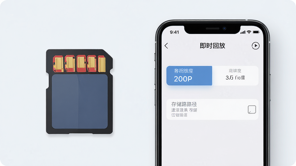 一部手机与存储卡图标并排展示,手机屏幕中显示“即时回放”的设置界面,包含清晰度选项和存储路径选项,整体风格为浅色简约商务风,布局规整,细节干净,画质清晰