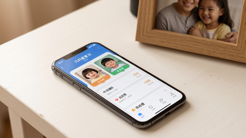 ��������Ϊ�ſ��Ǽҳ���APP�Ķຢ���л����棬��Ļ��ʾ�������ӵ�ͷ��Ƭ�͸��Գɼ���Ҫ���ֻ�ƽ���ڰ�ɫ�����ϣ��Ա���һ����ͥ��򣬲���Ϊ�ֻ����У���������Ͻ��黯�������Ű���ܰ��ͥ��Χ�����Ϊ���ůɫ��������Ӱ�磬ϸ�ڰ�����Ļ��������������ϸ�����������ľ�ʱ߿򣬻��ʸ��壬�ɾ��޶���Ԫ��