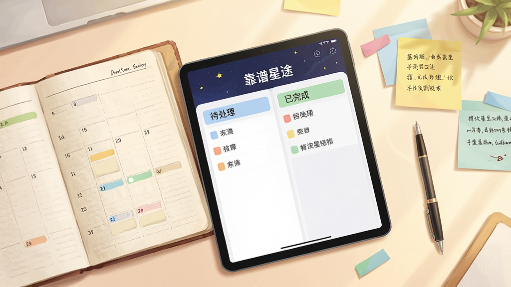 一张俯视视角的办公桌面场景,桌面上摊开一本日程本与一台平板设备,平板屏幕显示“靠谱星途”的任务看板界面,看板分为待处理与已完成两栏,旁边散落着彩色便签与一支笔,整体色调温暖明亮,风格为写实办公摄影感插画,细节上便签有手写痕迹,画质细腻,画面干净整洁