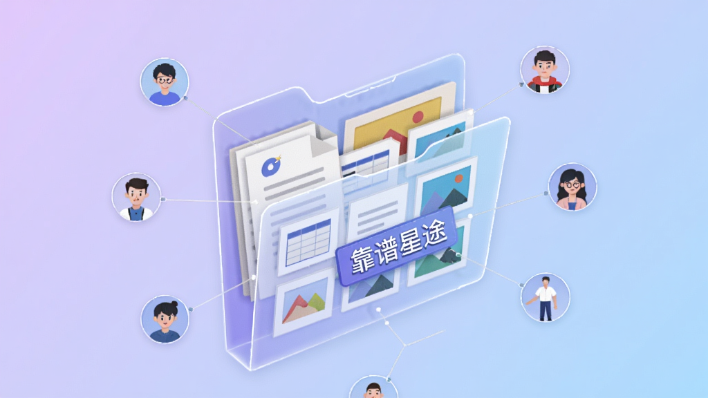 画面表现一个悬浮在空中的半透明文件夹,文件夹内部整齐排列着文档、表格与图片缩略图,文件夹外侧有“靠谱星途”字样的标签,周围有细小的连接线指向不同方向的用户头像图标,象征共享与协作,背景为柔和的浅紫到浅蓝渐变,风格为轻拟物扁平插画,细节上文件夹边缘有微光描边,画质清晰,画面干净无杂乱元素