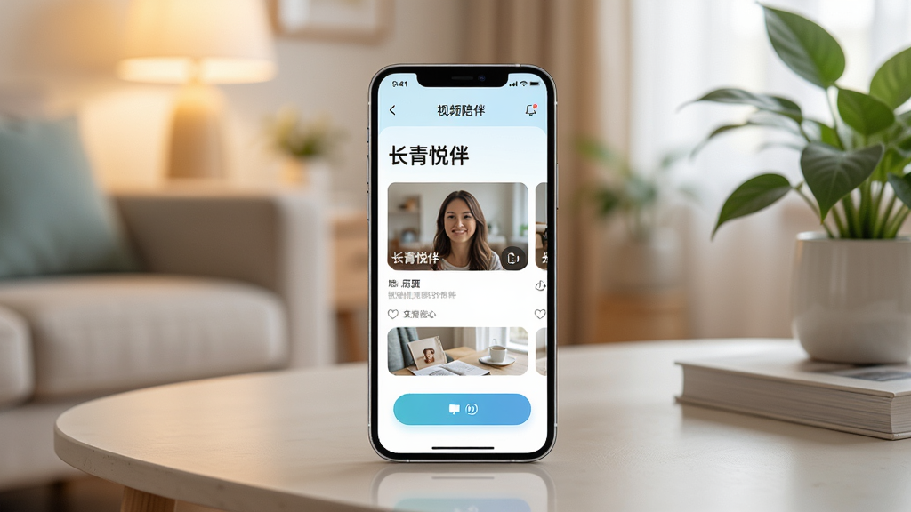 画面主体为一部智能手机,屏幕中显示名为“长青悦伴”的视频陪伴应用界面,界面布局简洁,包含视频卡片与互动按钮,手机放置于温馨的客厅茶几上,背景有柔和灯光与绿植,整体采用清新明亮的写实风格,细节丰富,画质清晰,干净无多余元素