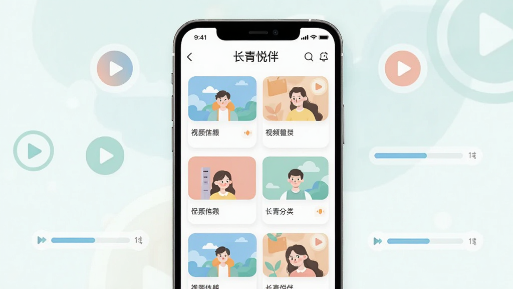 画面中央为“长青悦伴”应用界面,展示视频内容分类卡片,卡片排列整齐,配色柔和,周围环绕着播放按钮与进度条图标,风格为扁平化插画,布局清晰,细节精致,画质干净