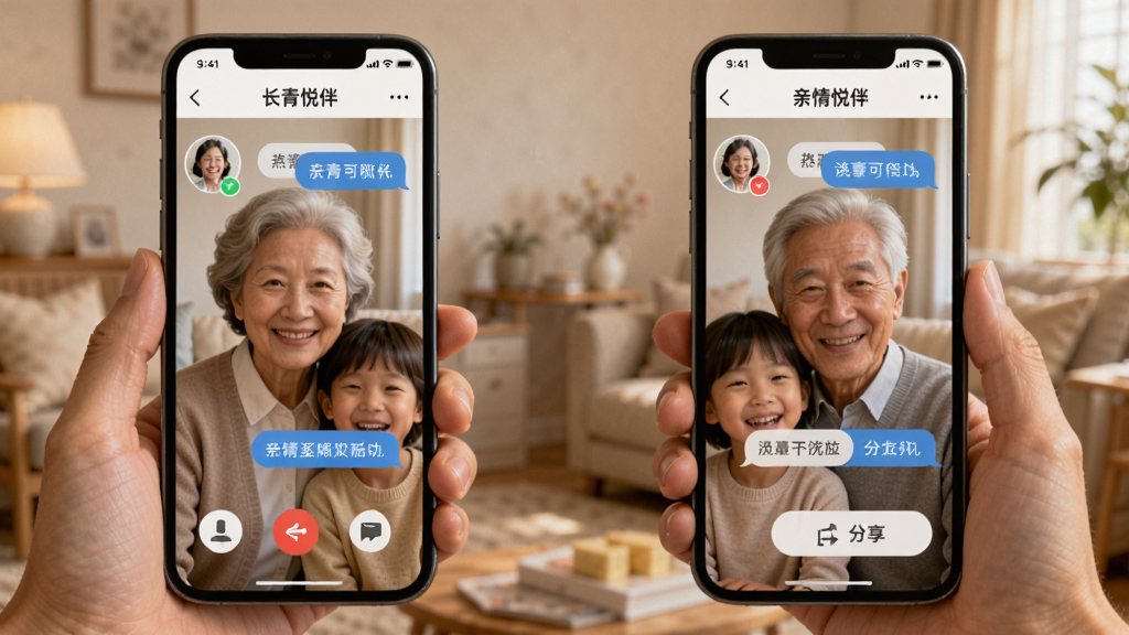 画面展示“长青悦伴”应用中的亲情互动界面,两位家庭成员通过手机屏幕进行视频通话与内容分享,界面元素包括头像、消息气泡与分享按钮,风格温馨写实,布局对称,细节丰富,画质清晰