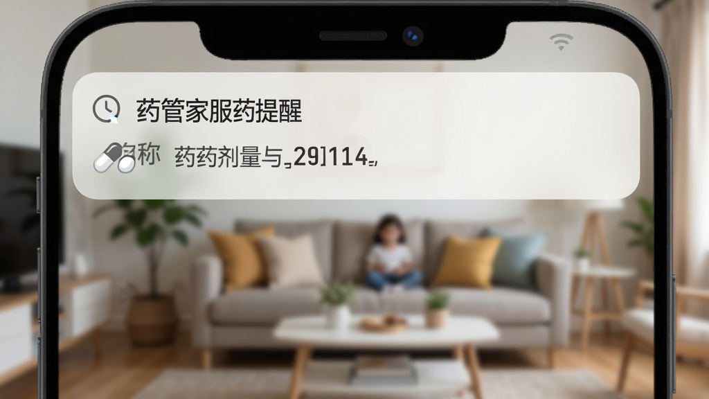 主体为手机通知栏弹出药管家服药提醒卡片,卡片上显示药品名称与服药剂量,布局为通知卡片位于屏幕上方,背景为虚化的家庭客厅场景,排版简洁突出通知内容,风格为现代扁平化UI展示,细节包括时间图标、药丸图标、提醒文字清晰可读,画质高清,干净,无多余元素