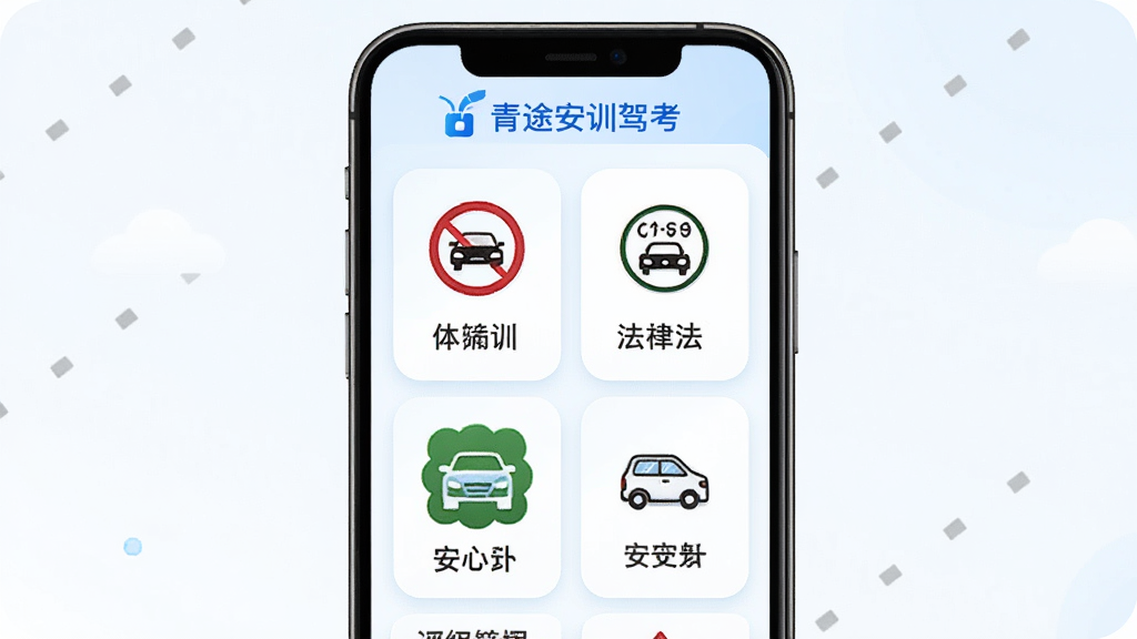 ��;��ѵ�ݿ�ר����ϰ����ҳ�棬�ֻ���Ļչʾ��ͨ��־�����ɷ��桢��ȫ��ʻ�ȶ�����࿨Ƭ��ҳ�涥���С���;��ѵ�ݿ�����ʶ���Ű����룬�������ǳɫ��Բ�ǿ�Ƭ��ƣ�ϸ�ڷḻ�����ʸɾ����޶���Ԫ��