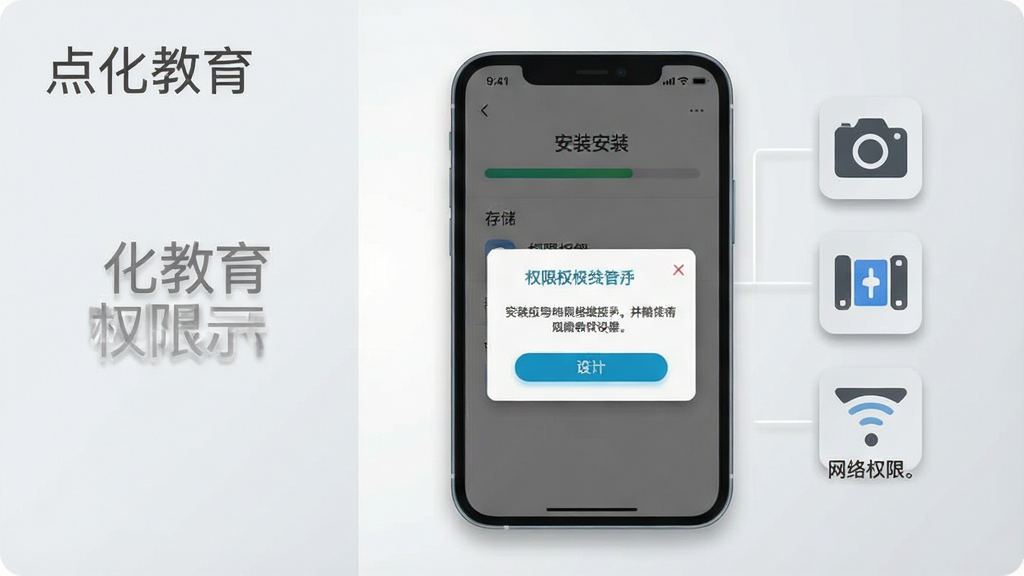 һ���ֻ�Ӧ�ð�װ��Ȩ������ʾ��ͼ����������Ϊ�ֻ���Ļ��ʾ��װ��������Ȩ����Ȩ�������Ա����Լ���ͼ��ʾ��������洢������Ȩ�ޣ�����Ϊǳ��ɫ���䣬�������ҷ���������ƽ���ִ���ϸ�ڰ��������İ�ť��������Ӱ��Σ����ʸɾ����䣬��������ʾ���֡��㻯���������޶���װ��