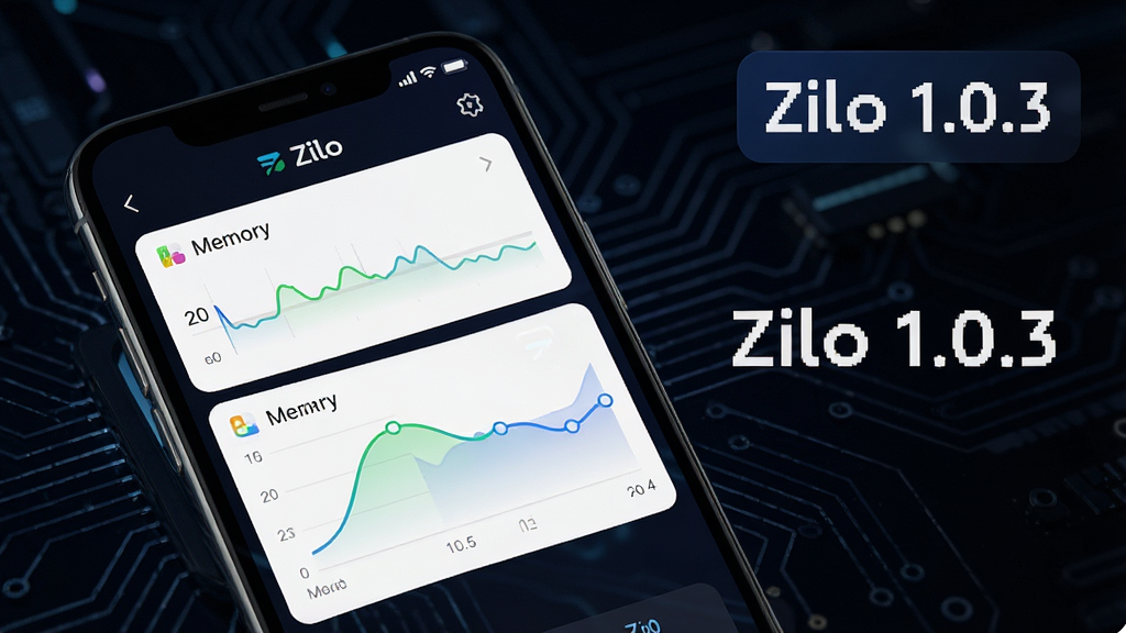 手机屏幕展示Zilo运行时的系统资源占用面板,显示低内存占用和流畅曲线图,旁边有