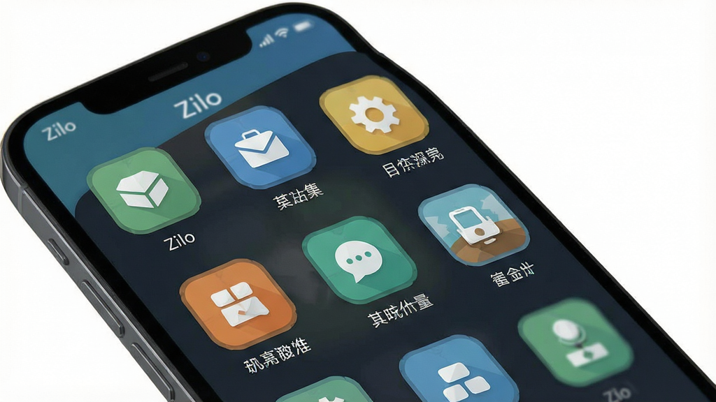 一张手机界面展示Zilo功能菜单展开状态,多个功能图标以网格形式排列,每个图标下方有简短文字说明,整体风格扁平化,配色清新,画质高清,布局规整,无多余装饰