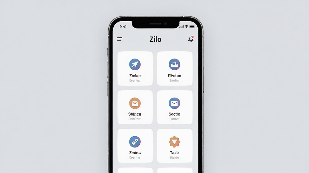 一部手机展示Zilo应用主界面,界面布局为卡片式设计,功能图标整齐排列,顶部有