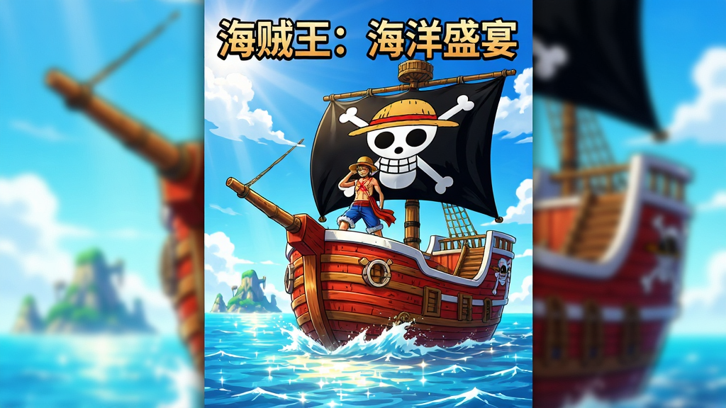 一张以“海贼王:海洋盛宴”为主题的竖版游戏宣传图,画面主体是一艘挂着草帽海贼团旗帜的红色海贼船正行驶在阳光明媚的蔚蓝海面上,船头站着戴草帽的少年船长,背景是漂浮着云朵的天空和远处若隐若现的神秘岛屿,画面布局上方留出标题区域,中央突出海贼船与角色,下方为波光粼粼的海面,整体风格为日系热血动漫风,色彩饱和明亮,细节上海贼船木质纹理清晰、海浪飞溅自然、角色服饰还原度高,画质高清,画面干净,无多余元素