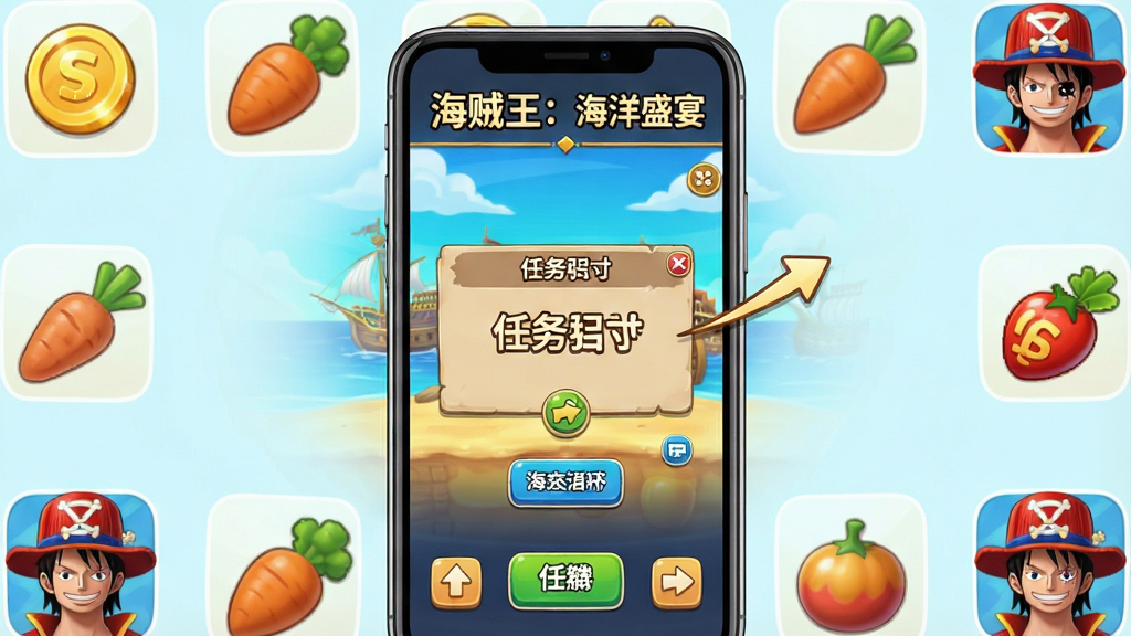 一张“海贼王:海洋盛宴”新手教程界面生图,画面主体为手机屏幕中显示游戏主界面与任务指引箭头,布局采用手机竖屏居中展示,屏幕周围环绕金币、食材、角色头像等游戏元素图标,风格为清新游戏攻略风,细节上界面按钮清晰、指引文字醒目、图标色彩鲜明,画质高清,画面干净,无多余元素