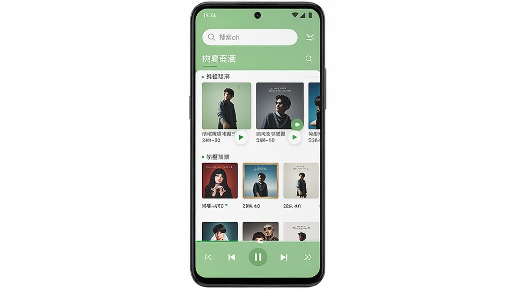 һ��չʾ����Music�ֻ�Ӧ��������ĳ���ͼ������������һ��������׿�ֻ�����Ļ����ʾ���ֲ�������ҳ�������������������Ƽ��赥��Ƭ�͵ײ����ſ�������������ǳ��ɫ�Ͱ�ɫΪ��ɫ����������¼�Լ��ϸ���Ͽɼ�ר����������ͼ�Ͳ��Ű�ť�����������ɾ����޶���Ԫ��