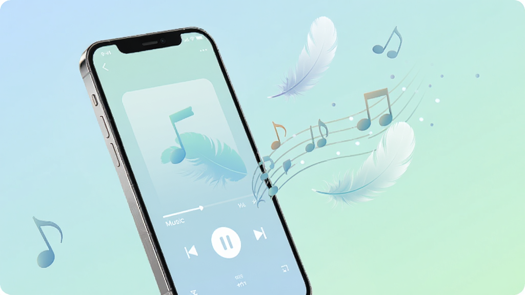 һ�ű�������Music���������ص��ʾ��ͼ��������һ���ֻ��Ա�Ư�����ᱡ����ë������Ԫ�أ��ֻ���Ļ��ʾ���Ĳ��ſ��ƽ��棬����Ϊǳ����ǳ�̵���ͽ��䣬�����ӯ��ˬ��ϸ�ڸɾ��������������޶���Ԫ��