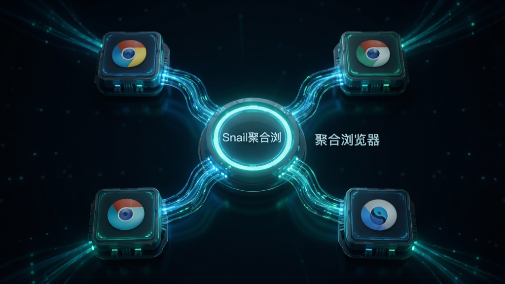 画面中央为一个发光的圆形核心节点,节点周围均匀分布着四个代表不同浏览器内核的方形模块,模块之间以流动的光线连接到中心节点,形成聚合汇聚的视觉关系;整体采用深色背景搭配蓝绿色光效,布局以中心放射状展开,风格科技感与抽象感并存,细节精致,画质高清,画面干净,无多余元素,中心节点旁可标注文字“Snail聚合浏览器”