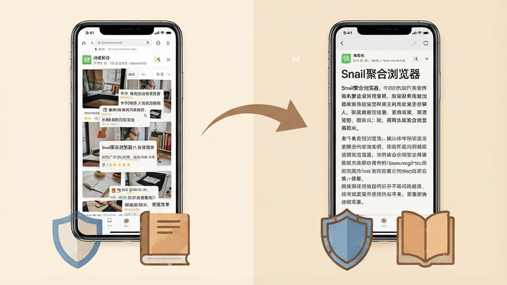 画面左侧为一部手机显示杂乱的网页界面,右侧为同一部手机切换为阅读模式后的清爽排版界面,两者之间用一条弧形箭头连接表示转换;手机下方放置一个盾牌图标与一本书本图标,分别代表广告拦截与阅读模式;背景为淡米色,布局左右对比清晰,风格温和实用,细节干净,画质高清,画面干净,无多余元素,阅读模式界面中可出现文字“Snail聚合浏览器”