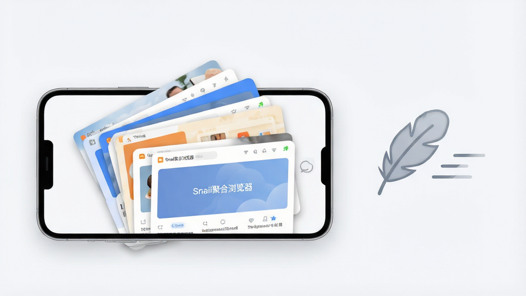 画面展示一部手机横屏放置,屏幕上呈现卡片式标签页管理界面,多张网页卡片呈扇形层叠排布,卡片边缘带有轻微阴影,界面简洁;手机旁边放置一个轻盈的羽毛图标与速度线条,象征轻量与快速;背景为浅灰白色,布局以手机为主体偏左,右侧留白放置装饰元素,风格清新简约,细节干净,画质高清,画面干净,无多余元素,界面中可出现文字“Snail聚合浏览器”