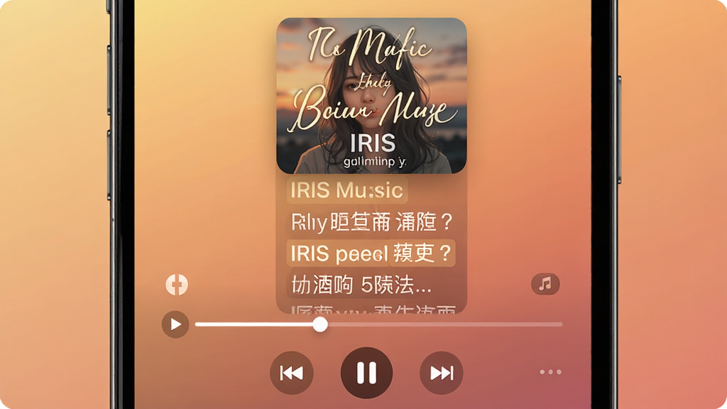 һ��չʾIRIS Music���ͬ�����Ž�����ֻ���ͼ���������ֻ���Ļ��ʾ�������桢�����ĸ�������벥�Ž�����������Ϊ��͵�ůɫ���䣬�����ܰ���ʣ�ϸ�ڰ�����ʸ���Ч���벥�ſ���ͼ�꣬���ʸ��壬�ɾ����޶���Ԫ��