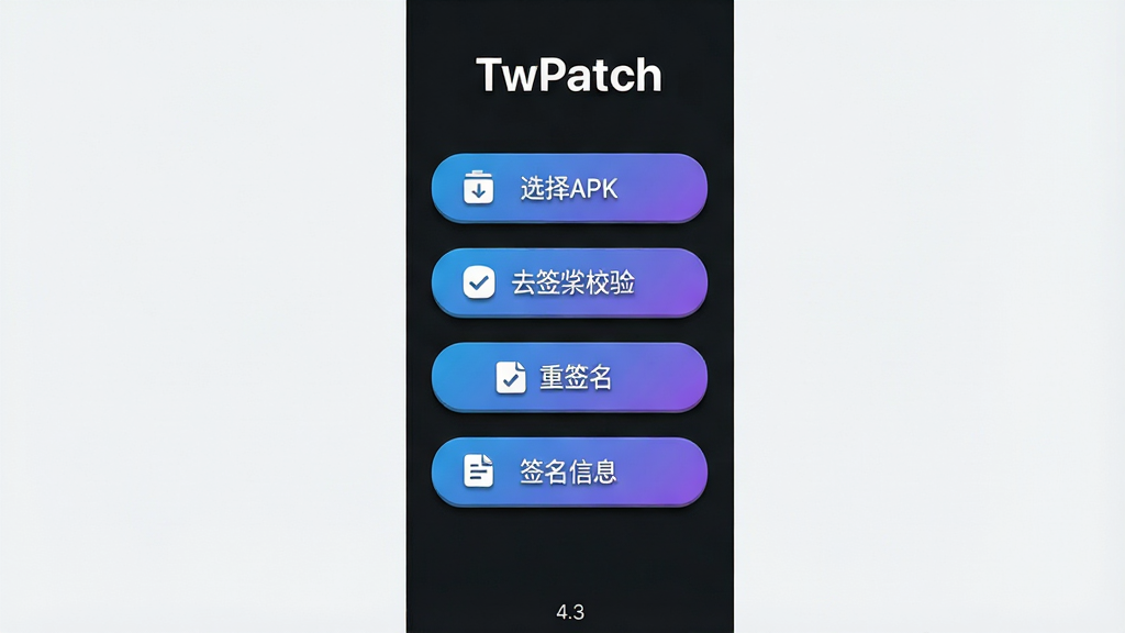 一张展示TwPatch软件主界面的手机截图风格图片,画面中央是深色背景的应用操作面板,顶部显示“TwPatch”白色粗体文字标识,面板内排列着“选择APK”“去签名校验”“重签名”“签名信息”四个功能按钮,按钮为圆角矩形、蓝紫渐变配色,底部有版本号“4.3”小字,整体布局简洁垂直排列,风格为现代扁平化UI设计,细节上按钮带有轻微阴影和图标点缀,画质清晰锐利,画面干净无多余元素