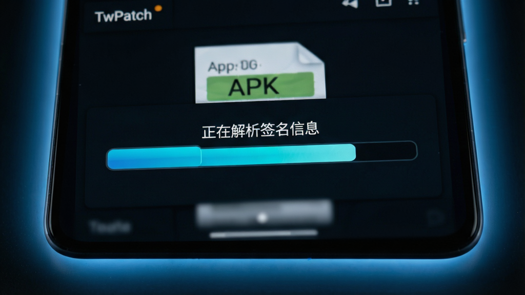 一部安卓手机屏幕特写,画面中TwPatch软件正在处理一个APK文件,屏幕中央显示进度条和“正在解析签名信息”的提示文字,背景为深色界面,手机周围有淡淡的蓝色光晕,风格为科技感产品展示图,细节上进度条为青蓝色渐变、文字清晰可读,画质干净锐利,构图居中,无杂乱元素