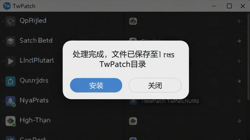 一张手机屏幕截图风格的图片,画面显示TwPatch软件的操作界面,界面中有一个提示弹窗写着“处理完成,文件已保存至TwPatch目录”,弹窗下方有“安装”和“关闭”两个按钮,背景为深色列表界面,风格为真实手机应用截图,细节上弹窗带有圆角和阴影、文字清晰,画质干净,构图以弹窗为视觉中心