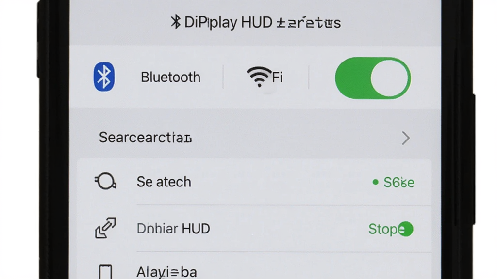�ֻ���Ļ��ʾDiPlay HUD�������ý��棬��������������WiFi����ѡ��豸�����б�������״ָ̬ʾ�ƣ�����Ϊ�ֻ�����չʾ�����Ϊ�������ҳ�棬ϸ�ڰ�����ɫ���ӳɹ���ʶ���豸�����б������������ɾ����޶���Ԫ��