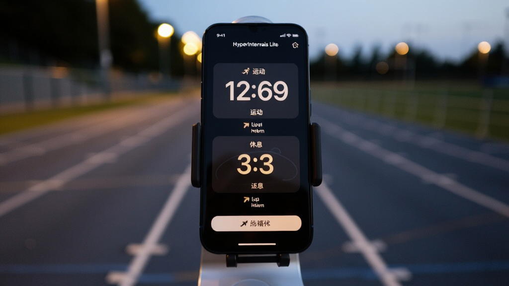 һ���ֻ������˶�֧���ϣ���Ļ��ʾ HyperIntervals Lite ����ɫ��ʱ���棬�����������Եġ��˶����롰��Ϣ��״̬�л���ʾ���ֻ�����Ϊ�����Ļ����ܵ�����͵ƹ⣬��ͼ���ֻ�Ϊ������С������黯�����Ϊ�˶��Ƽ�����Ӱ�磬ϸ�ڰ�����Ļ����ʱ���֡�֧�ܽ����ʸ����ܵ����������������ɾ����޶���Ԫ��
