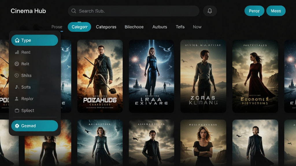 һ��չʾ Cinema Hub Ӧ�����������Ⱦͼ�����������Ǻ������еĵ�Ӱ����ǽ�����������������������ƻá���������棬������������������ǩ����������������˵���ʾ����ɸѡѡ����������ɫ������������ɫ������ť������ɾ����࣬���������ɶ�������ϸ�壬�޶���װ��Ԫ��