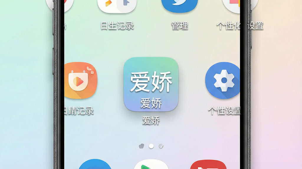 一张展示安卓手机主屏幕的写实图片,画面中央放置一个名为“爱娇”的软件图标,图标风格简洁清新,周围环绕日常生活记录、便捷管理、个性化设置等小元素,布局居中对称,排版干净利落,风格为现代扁平化UI设计,细节包括柔和的浅色渐变背景、清晰的应用图标阴影、手机边框质感真实,画质高清,干净,无多余元素