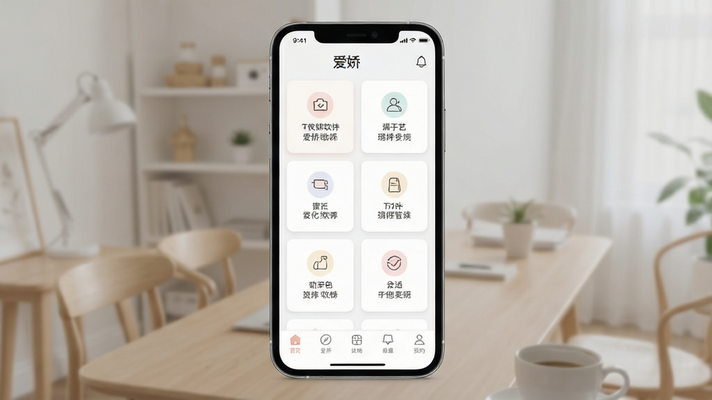 一张展示“爱娇”软件主界面的图片,主体为手机屏幕内的功能卡片与底部导航栏,布局为上下分区、卡片式排列,排版整齐有序,风格为清新浅色扁平化设计,细节包括柔和图标、清晰文字标签、适中的留白间距,画质高清,干净,无多余元素