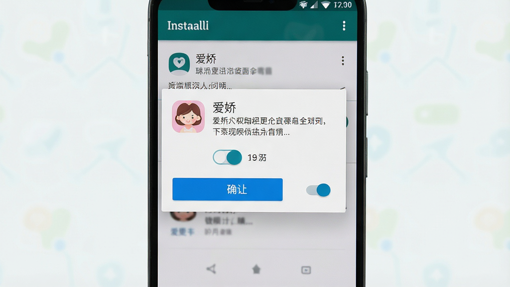 一张展示安卓手机安装应用时权限提示与安全设置界面的图片,主体为手机屏幕上的安装确认弹窗与权限开关,布局为居中弹窗式,排版简洁明了,风格为真实系统界面写实风格,细节包括“爱娇”应用名称、权限说明文字、确认按钮、浅色背景,画质高清,干净,无多余元素