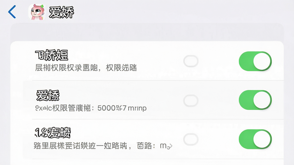 一张展示手机权限管理设置界面的图片,主体为“爱娇”应用的权限开关列表,布局为纵向列表式,排版清晰,风格为系统设置页面的写实风格,细节包括权限名称、开关状态、说明文字、浅灰背景分区,画质高清,干净,无多余元素