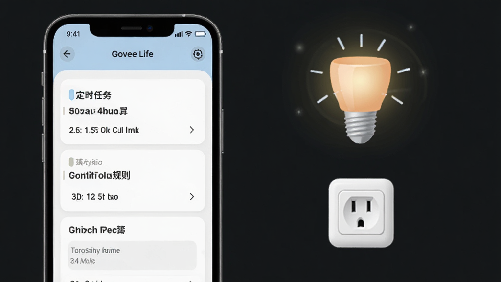 Govee Life自动化场景设置界面示意图,手机屏幕显示定时任务和条件触发规则列表,旁边配有灯光和插座图标,整体风格简约现代,色彩柔和,画质高清,画面干净