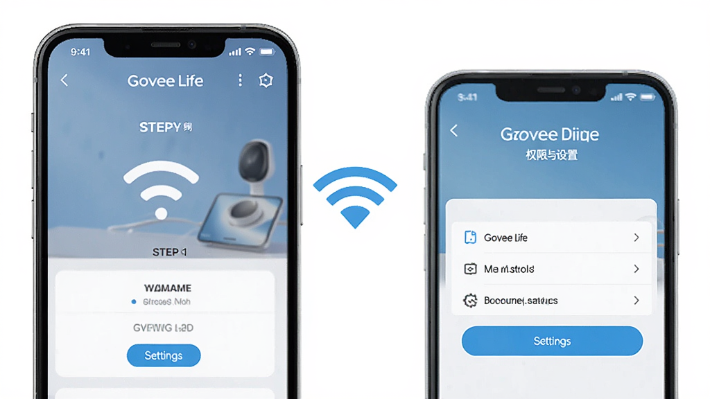 Govee Life应用操作教程示意图,手机屏幕展示设备配网步骤和权限设置界面,画面中有Wi-Fi图标和设置选项,风格清晰直观,画质高清,背景干净简洁