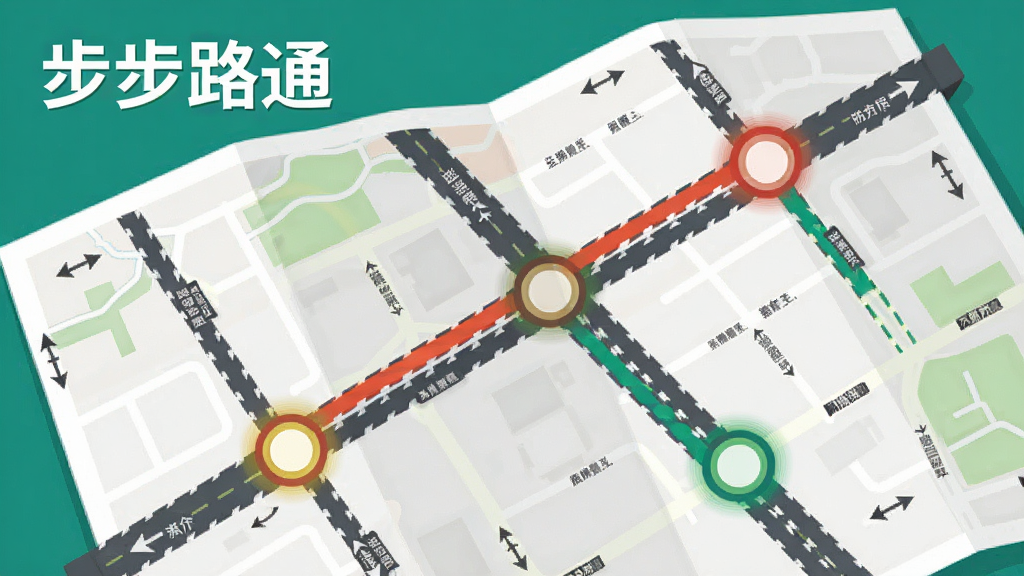 画面主体为一张展开的城市道路地图,地图上标注三条不同颜色的路线,路线交汇处有圆形节点高亮,地图旁边放置“步步路通”文字标识,布局为地图占据画面大部分区域,文字标识位于左上角,风格为简洁矢量插画,细节包括路名小字与方向箭头,画质干净清晰,无多余元素