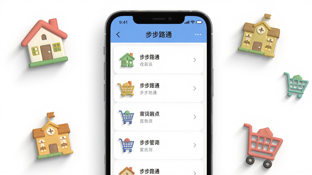 画面展示一部手机屏幕,屏幕中呈现“步步路通”收藏地点列表界面,列表项带有房屋、学校、购物车等小图标,手机旁边散落几个立体小图标作为装饰,布局为手机居中、图标环绕四周,风格为清新扁平插画,细节包括列表项文字标签与图标阴影,画质明亮干净,无杂乱元素