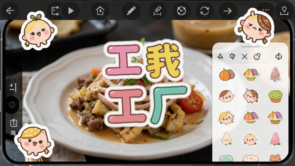 图片编辑工厂文字贴纸编辑界面,手机屏幕中一张美食照片上叠加了彩色文字与可爱贴纸,文字带有描边效果,贴纸分布在画面角落,布局均衡,风格活泼明快,细节上展示文字编辑工具栏与贴纸选择面板,画质清晰干净,无多余元素