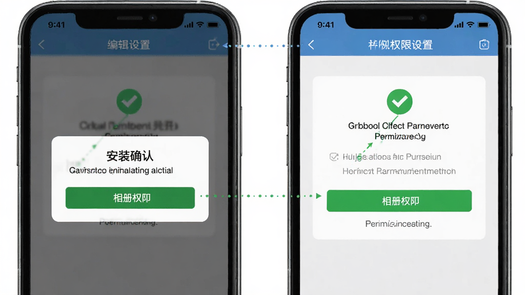 图片编辑工厂安装与权限设置示意图,手机屏幕展示安装确认弹窗与权限授权界面,画面分为左右两个手机界面并列布局,风格简洁说明性强,细节上突出允许安装与相册权限按钮,画质清晰干净,无多余元素