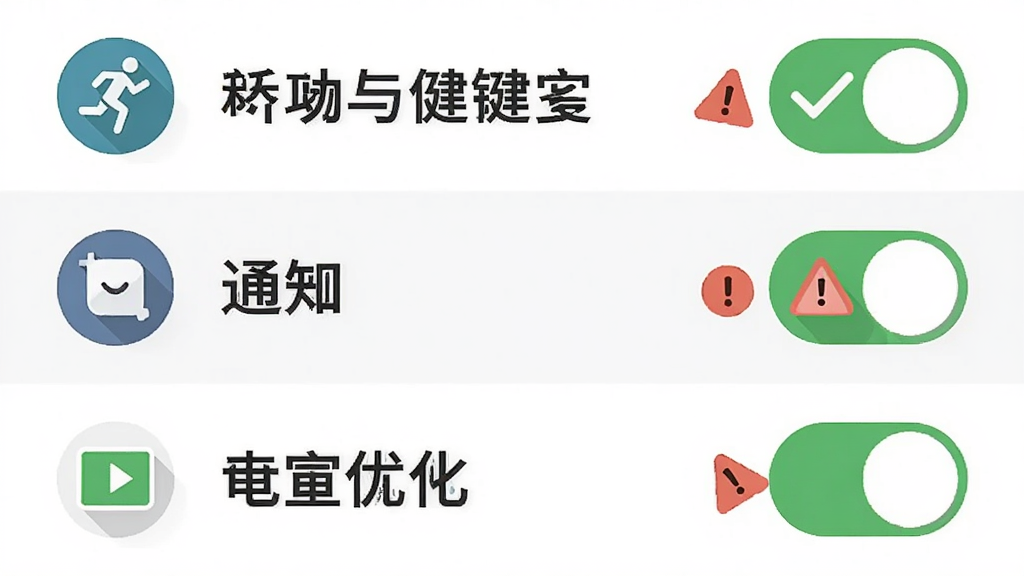 一张展示手机权限设置界面的说明图,画面中列出运动与健身、通知、电池优化三项权限开关,旁边配有对勾与警示图标,布局为纵向列表,风格扁平化信息图,细节包含权限图标与文字标签,画质清晰干净,无多余元素